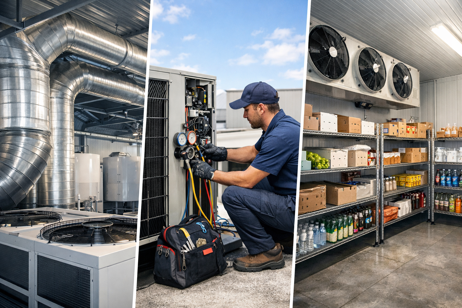 Technician servicing air conditioning unit